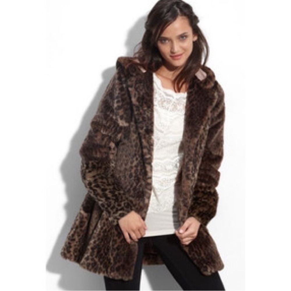 FREE PEOPLE faux fur leopard print hooded jacket coat, S. - Picture 5 of 12
